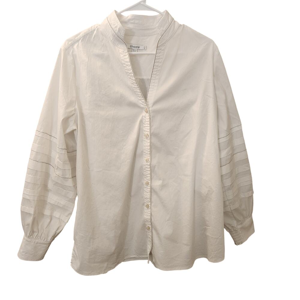 Chico's White Cotton Ball Chain Trim Pintuck Sleeve Blouse Top Size 2, L, 12